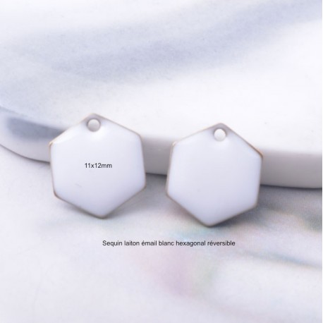 2 sequins laiton émail blanc hexagonal 11x12mm