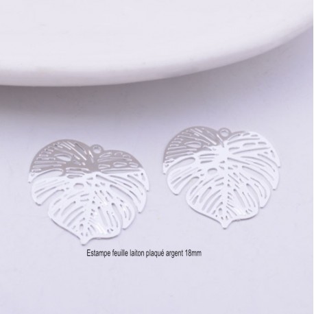 4 estampes laiton  plaqué argent  feuille Monstera 18mm