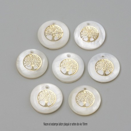6 breloques nacre insertion  arbre de vie  laiton plaqué or 16mm