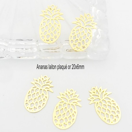 6 breloques laiton plaqué or ananas 20x6mm