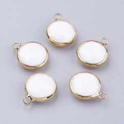 2 sequins ronds facette laiton plaqué or pierre naturelles jade blanc 14x10mm