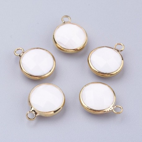 2 sequins ronds facette laiton plaqué or pierre naturelles jade blanc 14x10mm