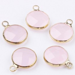 2 sequins ronds facette laiton plaqué or pierre naturelles quartz rose laiteux 14x10mm