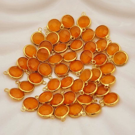 2 sequins ronds facette laiton plaqué or pierre naturelles cornaline 14x10mm