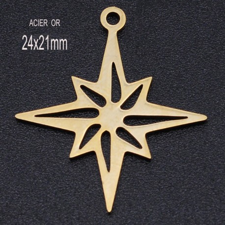 2 Pendentifs acier or étoile du Nord 28x20mm