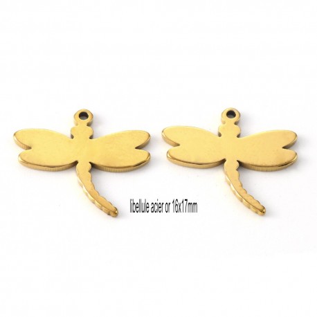 6 breloques acier or libellule 16x17mm
