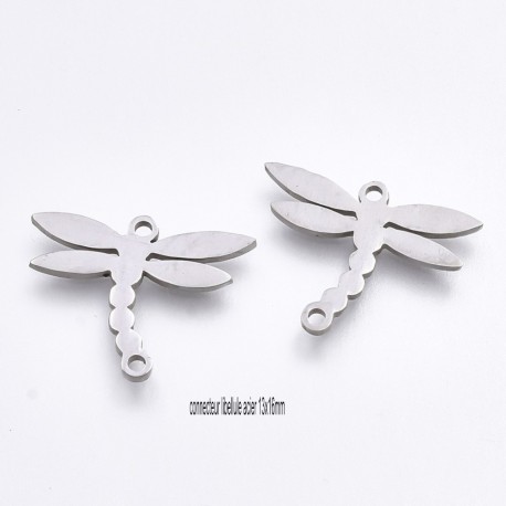 2 breloques acier inoxydable libellule connecteur 13x16mm