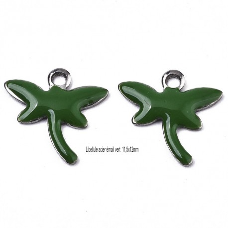8 breloques acier inoxydable libellule émail vert 11,5x12mm
