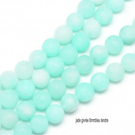 10 perles jade naturelles givrées bleu tendre  8mm