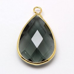 1Pendentif cristal goutte facette gris fumé serti plaque or 22x13mm