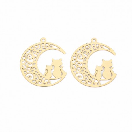 4 estampes laiton plaqué or   chat sur la lune 22x19mm