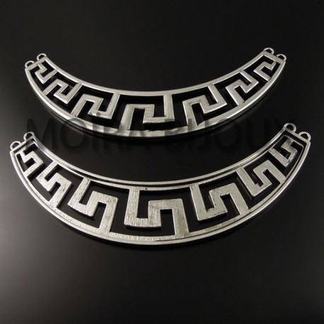 grand plastron demi lune connecteur ethnique argenté "aztèque" 97x20mm