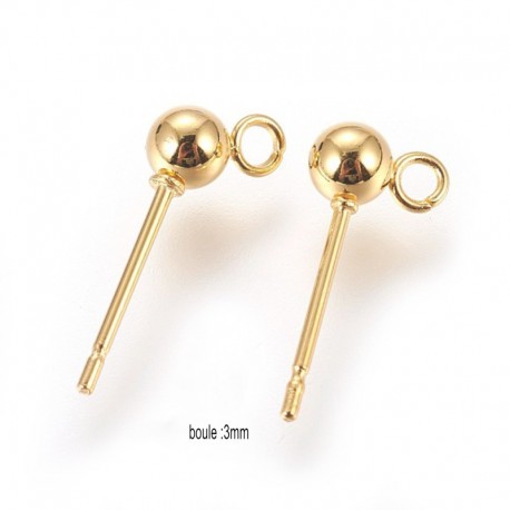 4 Boucles d'oreilles clou boule acier plaqué or 15x5mm