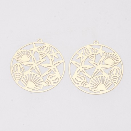2 estampes rondes coquillage et crustacés acier plaqué or 40mm