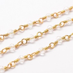 20cm chaine soudée laiton plaqué or et pierre de cristal de roche facette 4mm