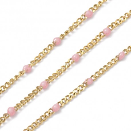 20CM Chaine gourmette acier émaillé rose  or 2microns