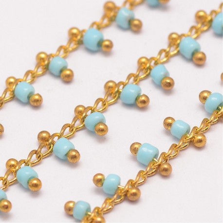 20cm chaine gourmette  laiton plaqué 14kt et perles rocailles bleu ciel