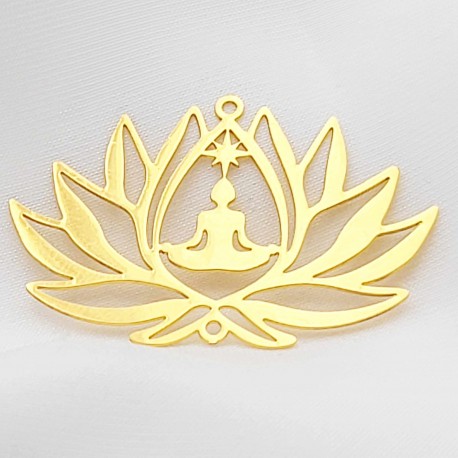 2 estampes connecteur  laiton plaqué or fleur lotus et bouddha 38x25mm