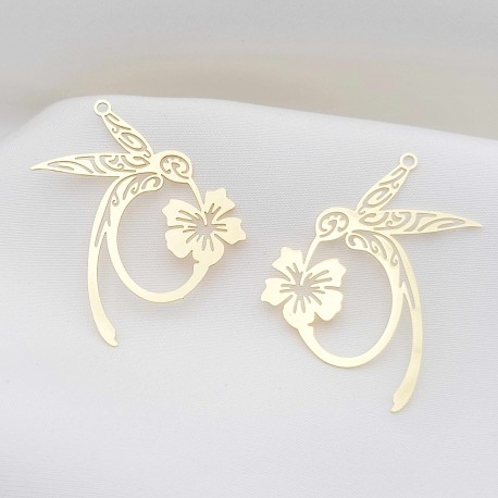 2 estampes laiton plaqué or colibri sur fleur 31x29mm