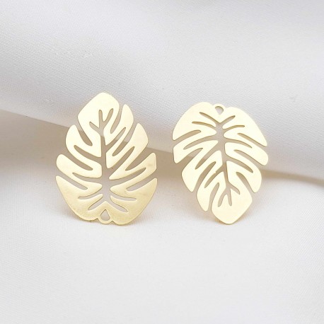 2 Estampes laiton or 24kc feuille monstera 32x10mm