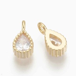 4 Pendentifs  goutte laiton or 24kt zircon transparent 8x4mm
