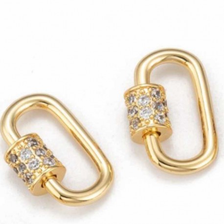 1 fermoir mousqueton laiton or 24kt ovale à vis zircon pavé transparent 19x12mm