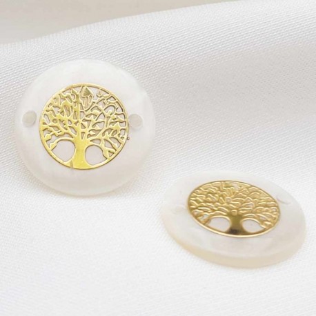 2 Connecteurs  nacre ronde blanc/crème insertion estampe arbre de vie 15mm