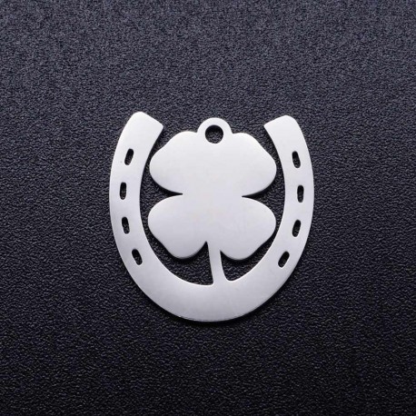 1 pendentif acier inoxydable fer a cheval et trefle 17x16mm