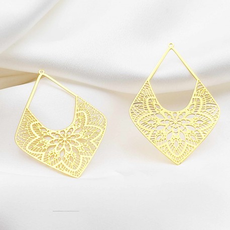 2 Estampes laiton or 24kt losange filigrane fleur 57x38mm