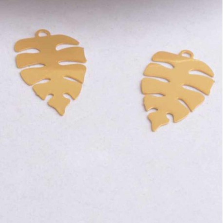 6 breloques estampe feuille laiton plaqu éor Monstera 23x19mm