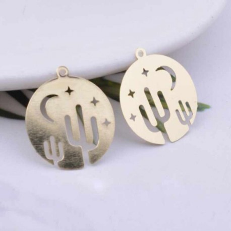 4 Pendentifs estampes laiton plaqué or ronde cactus 20mm