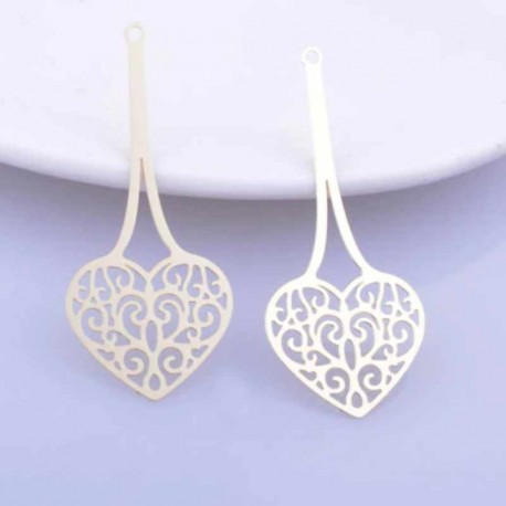 2  breloques estampes laiton plaqué or 14Kt coeur 45x20mm