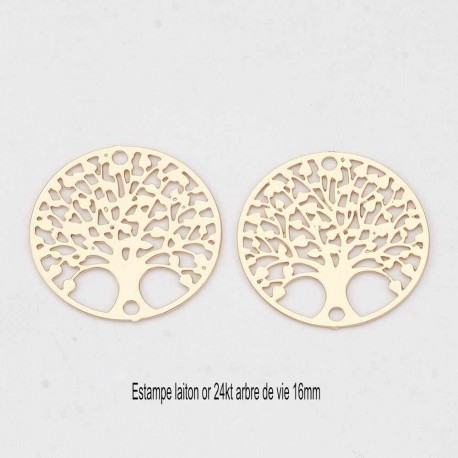 6 Estampes connecteur laiton plaqué or arbre de vie 16mm
