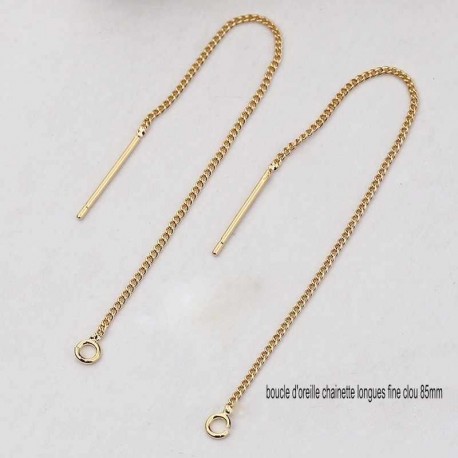 2 pcs Boucle d'oreille chaine longue plaque or 16Kt