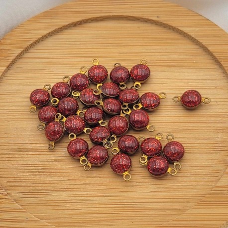 10 Connecteurs ronds émail rouge pailleté  double face 6x11,5x4mm
