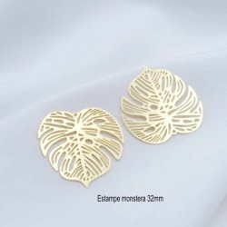 4 pendentifs estampes laiton plaqué  or monstera 26x26x0.3mm