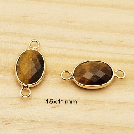 1 connecteur pierre semi précieuse oeil d etigre laiton or 24kt 15x11mm