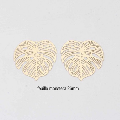 4 pendentifs estampes laiton or 24kt monstera 26mmx0.3mm